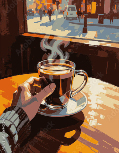 una mano que cogue una taza de cafe en un agradable bar