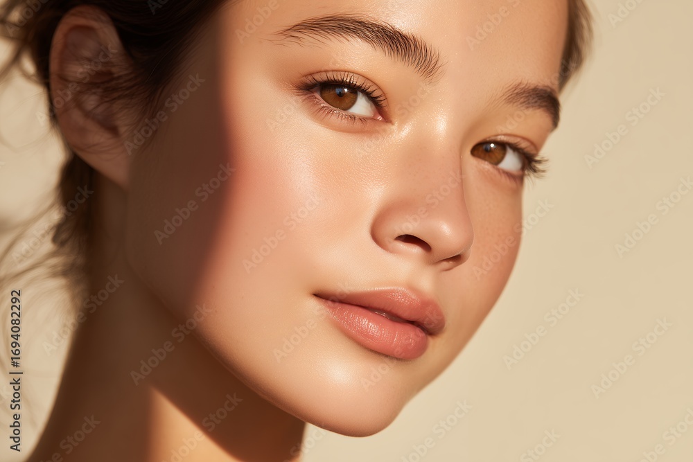 Fototapeta premium Close up portrait of a young woman with radiant, glowing skin and natural makeup, concept for skincare advertising, beauty product promotion and cosmetic packaging design