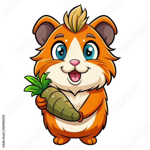 Cartoon abyssinian guinea pig happily munching on carrot