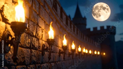 Medieval castle wall with torches at night