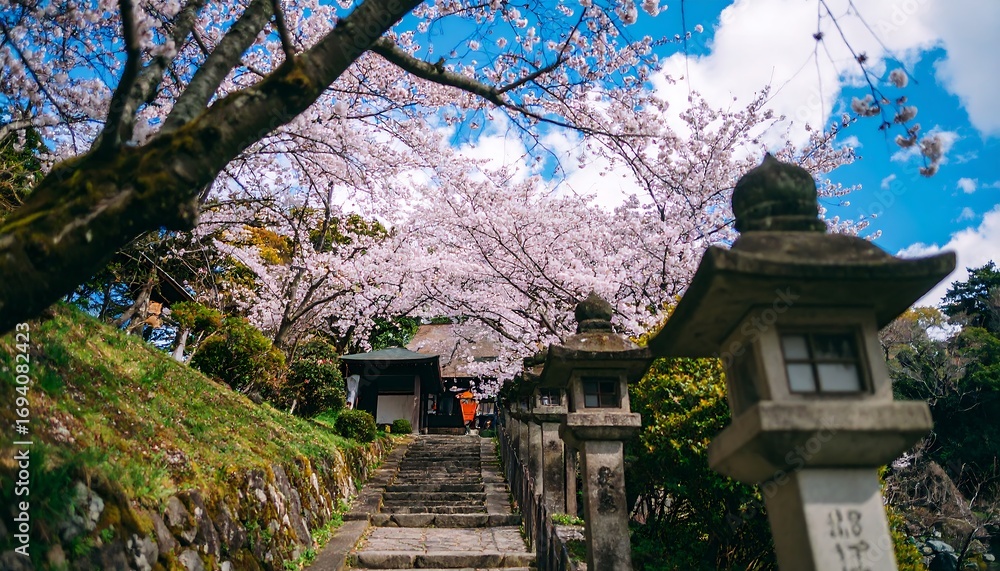 Fototapeta premium Ancient Japanese Shrine Under Blooming Cherry Blossoms on a Sunny Day