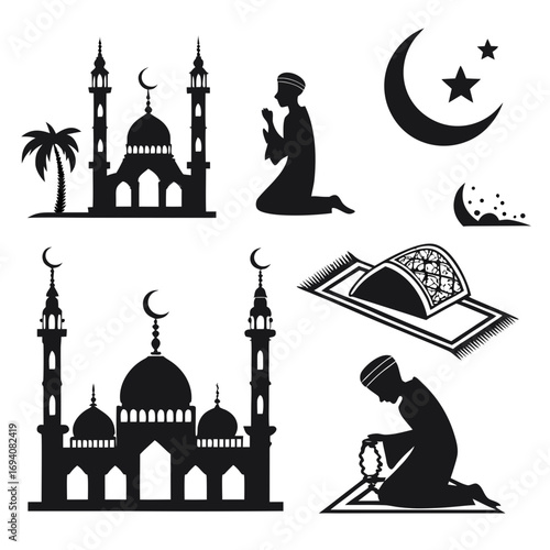 Islamic prayer and mosque silhouettes muslim