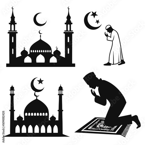 Islamic prayer and mosque silhouettes crescent moon