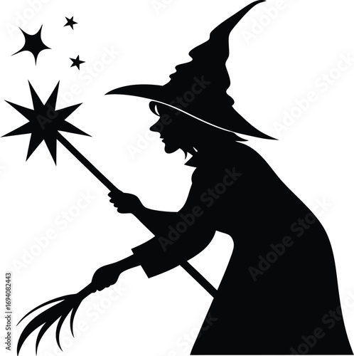 Silhouette of a witch holding a magic wand with a starburst and broomstick vector illustration