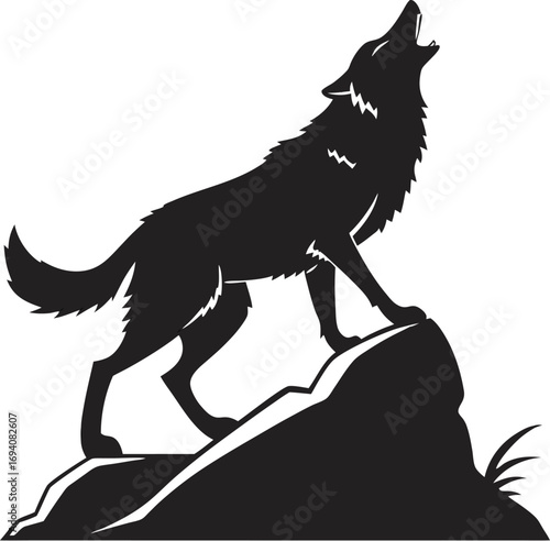 Silhouette of a Wolf Howling on a Rock Against a White Background stone