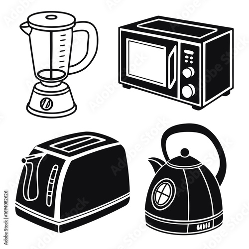 Kitchen appliance silhouettes blender microwave toaster kettle