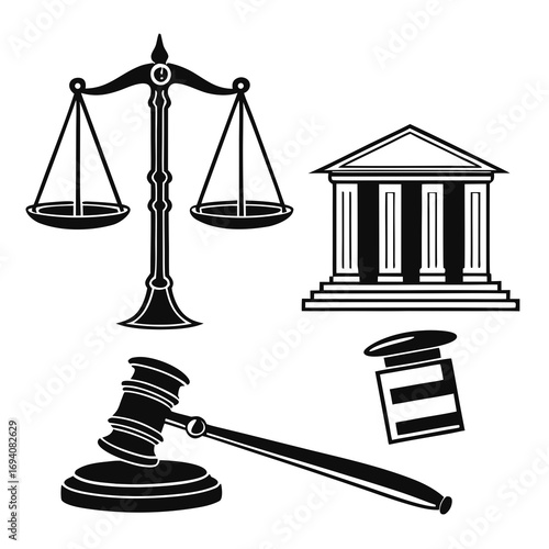 Justice symbols courthouse gavel scales inkwell legal