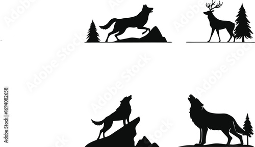 Silhouettes of a jumping wolf a deer and two howling wolves in nature vector illustration