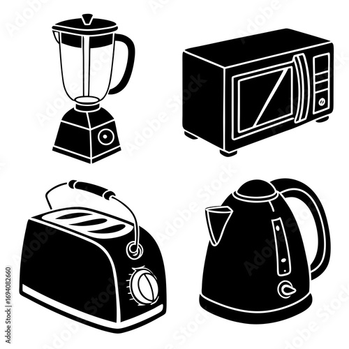 Kitchen appliance silhouettes blender microwave toaster kettle