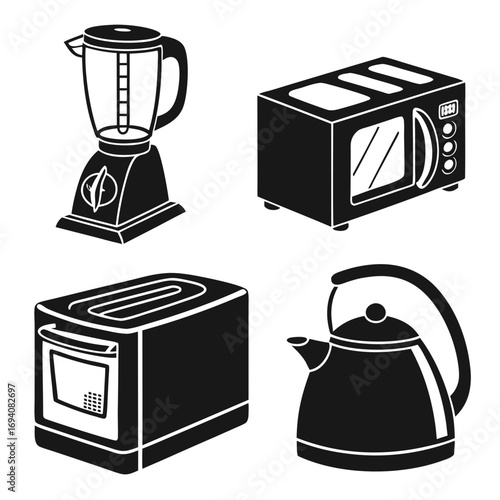 Kitchen appliance silhouettes blender toaster kettle microwave