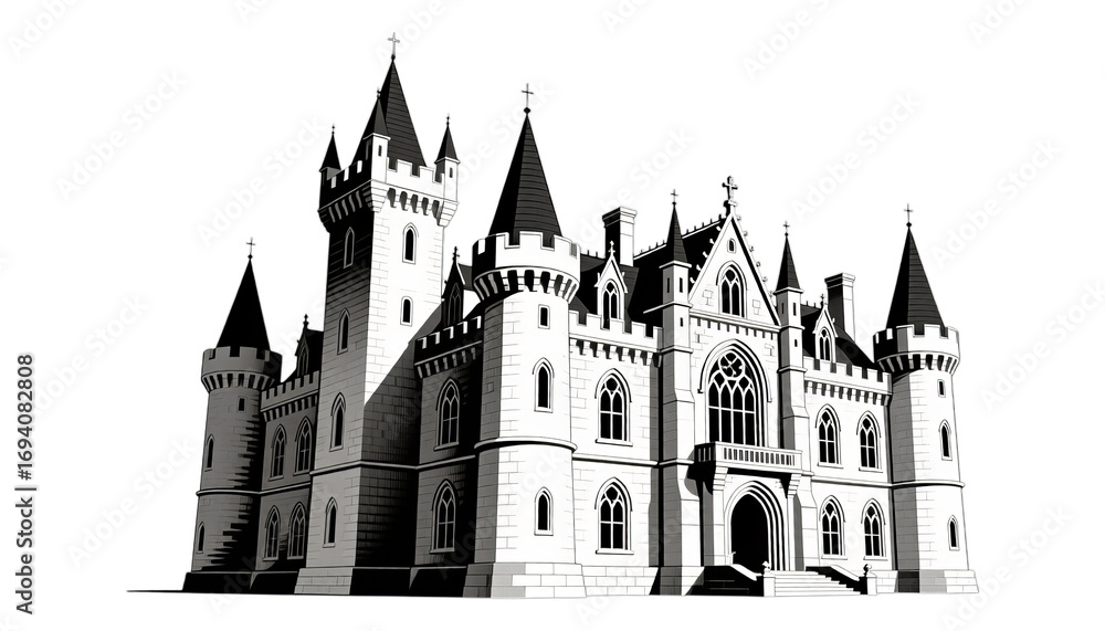 Fototapeta premium White Gothic Castle with Black Accents, Transparent Background, 3D Realism Design Element