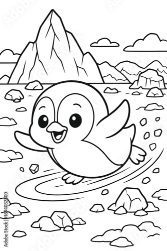 Adorable cartoon penguin sliding on ice in a polar landscape illustration