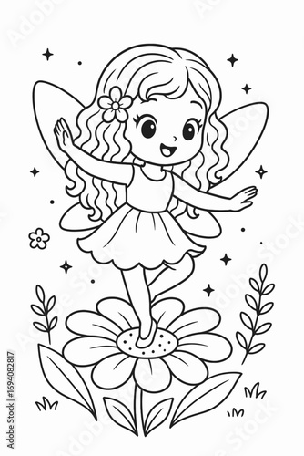 Adorable fairy girl dancing on a flower in a whimsical garden scene illustration