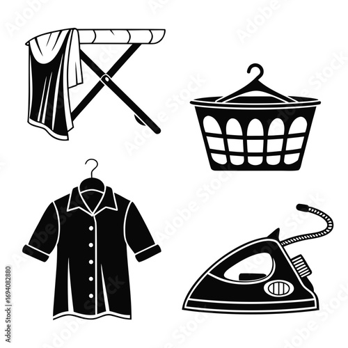 Laundry icons ironing basket shirt iron ironing board