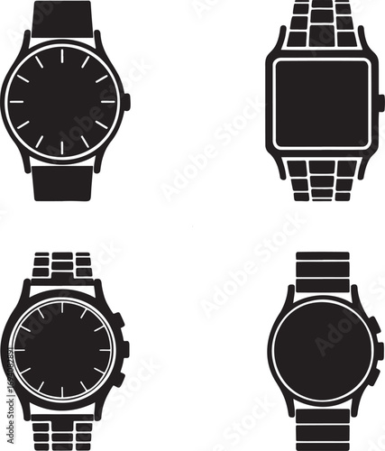 Set of Black and White Wristwatch Icons – Round and Square Watch Designs for Fashion, UI, and Product Illustration 