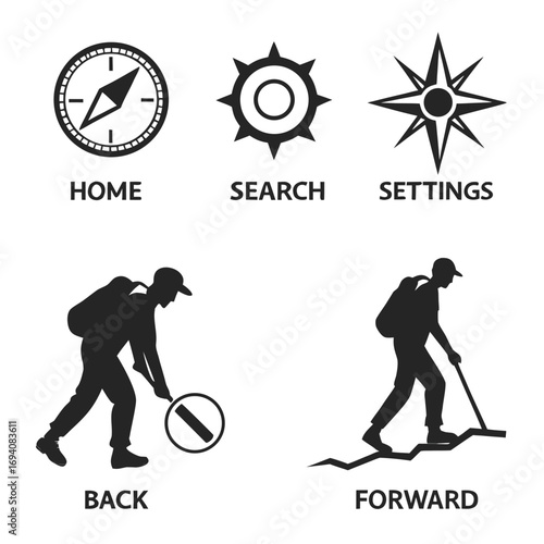 Navigation icons compass hiker settings vector