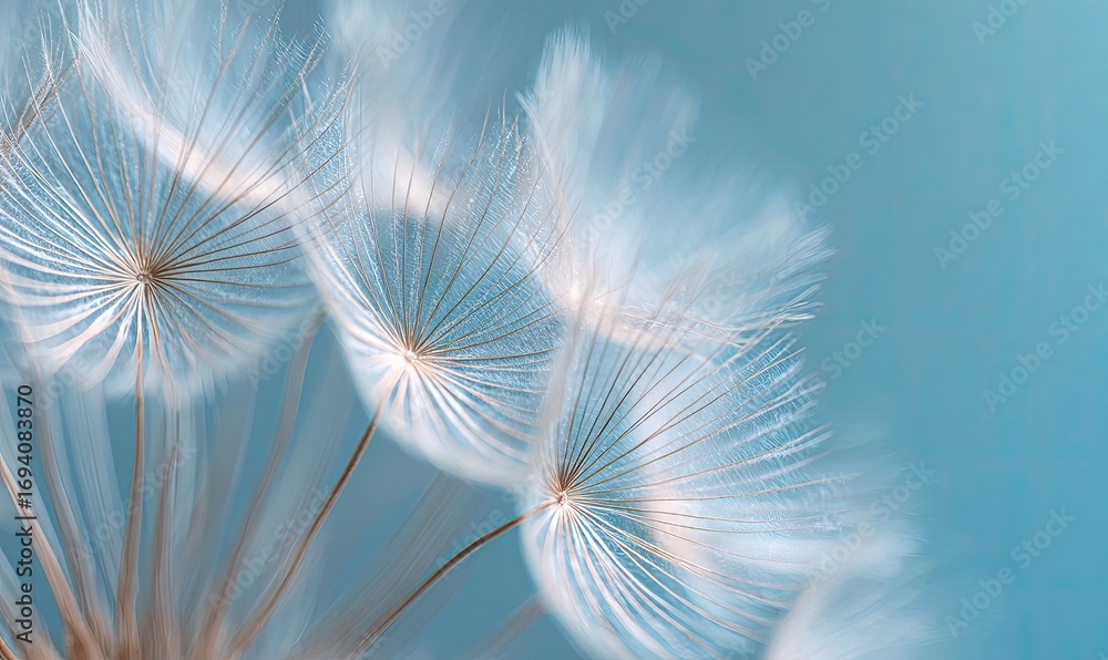 Naklejka premium Close-up of dandelion seed heads against a soft blue background