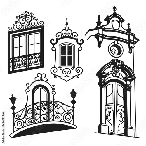 Ornate architectural elements with decorative ironwork