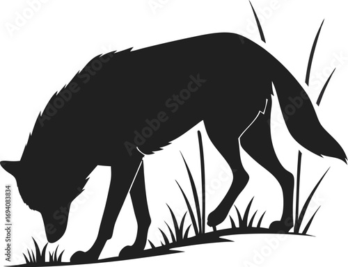 Black Silhouette of a Wolf Sniffing Grass on a White Background animal canine