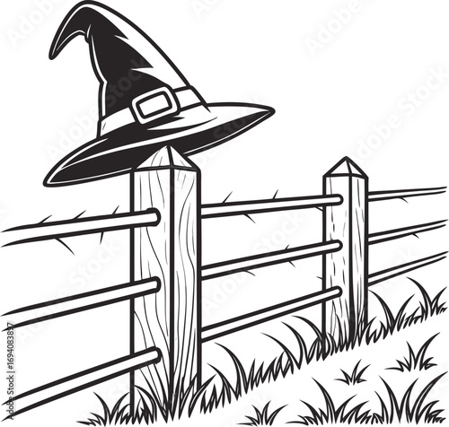 Black and white illustration of a witch hat resting on a wooden fence post with grass barbed wire