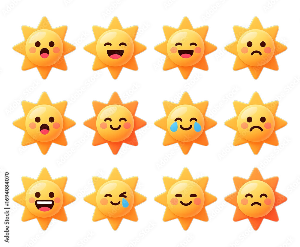 Fototapeta premium Yellow Sun Emojis with Transparent Background, Glossy Cartoon Illustrations for Digital Media