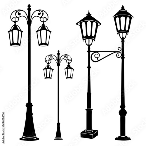 Ornate street lamps and lanterns silhouettes black