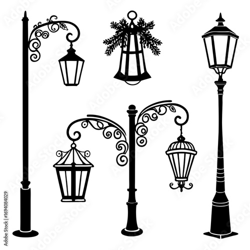 Ornate street lamps and lanterns street lights silhouettes
