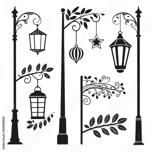 Ornate street lamps with foliage and decorative elements