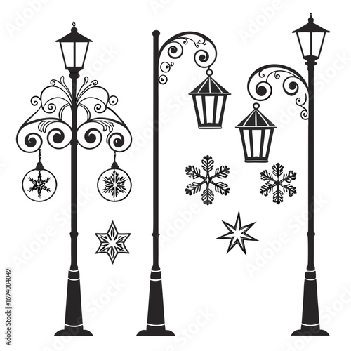 Ornate street lamps with snowflakes and stars lanterns