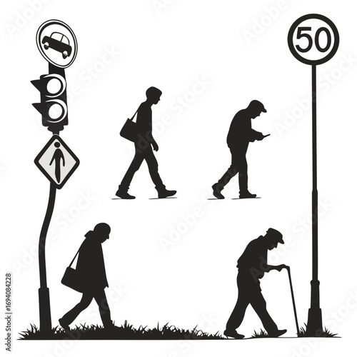 Pedestrians crossing street with traffic signals and speed limit sign