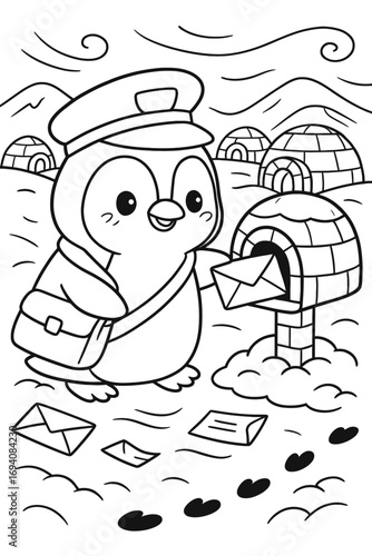 Adorable penguin postman delivering letters in a snowy arctic landscape