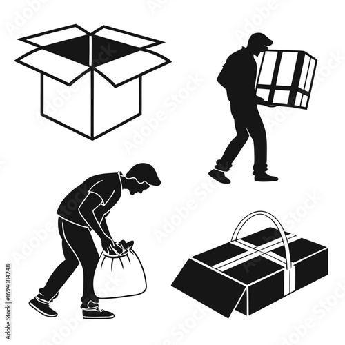 People and boxes in silhouette open box person carrying box