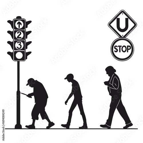 Pedestrians crossing street with traffic signals vector