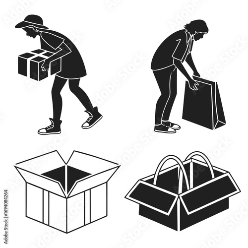 People carrying and holding boxes and bags silhouette