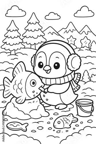Adorable penguin making a snow fish sculpture wearing earmuffs and scarf