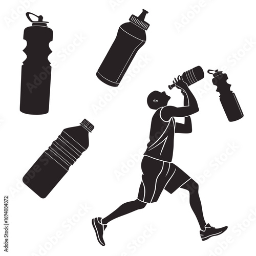 Runner drinking from bottle surrounded by water bottles