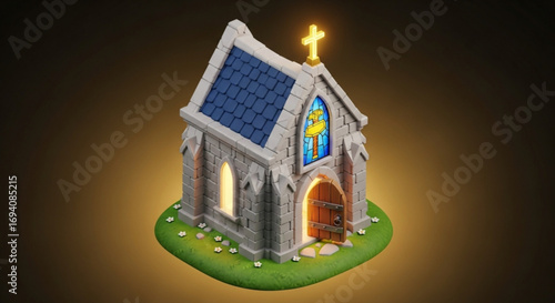 Isometric church building illustration with cross and stained glass architecture style