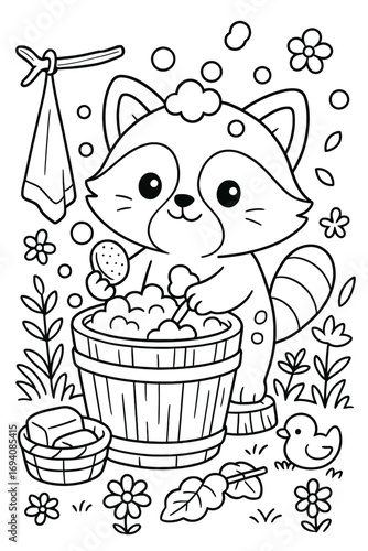 Adorable raccoon taking a bath in a wooden tub surrounded by nature elements