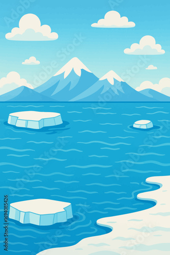 Cartoon Arctic landscape with iceberg floating in the ocean and snow mountains
