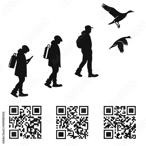 Silhouettes of people and flying birds with Q R codes