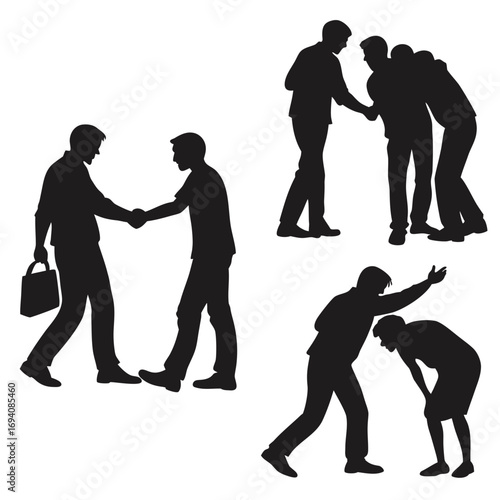 Silhouettes of people interacting in various poses
