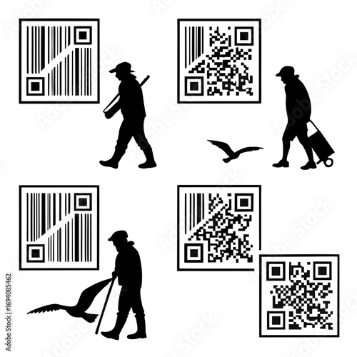 Silhouettes of people interacting with barcodes and qr codes