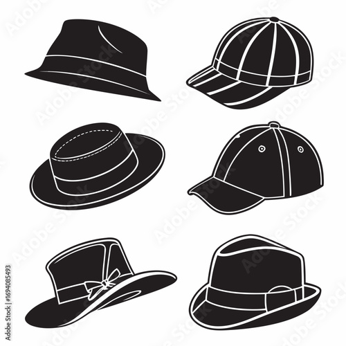 Six black and white hat silhouettes fedora beret