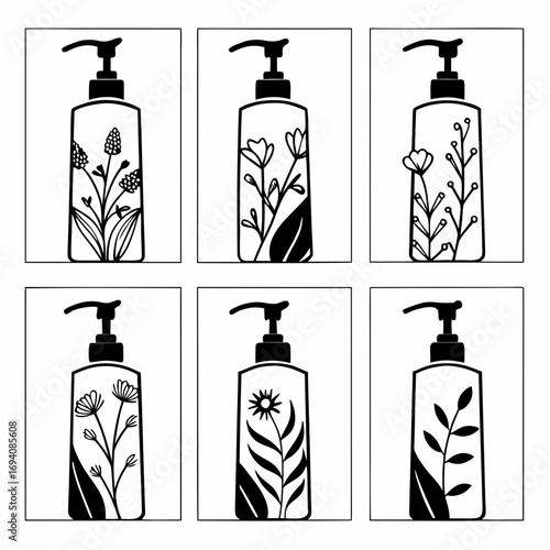 Six pump bottles with botanical illustrations dispenser