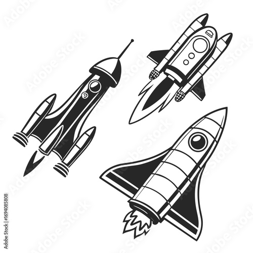 Spaceship silhouettes in motion rocket spacecraft