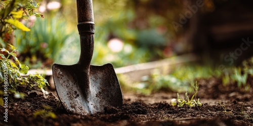 The Shovel Resting in Fresh Garden Soil Amidst Green Plants and Morning Light