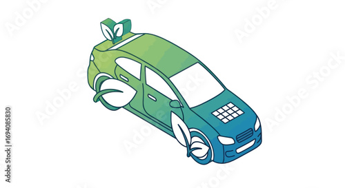 Eco-friendly electric car with solar panel and leaf motifs.