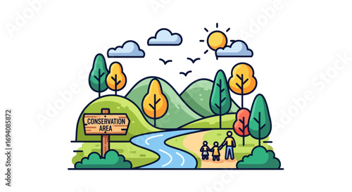 Colorful Cartoon Illustration of a Scenic Conservation Area.