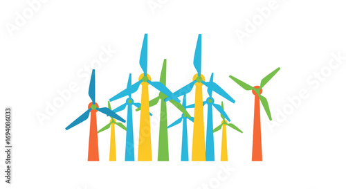 Colorful Array of Modern Wind Turbines Generating Renewable Energy.