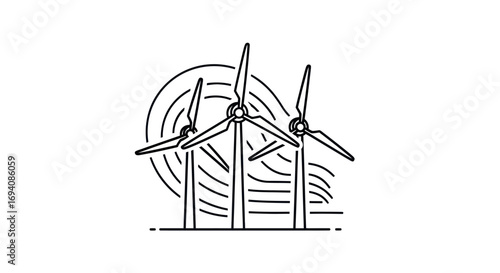 Three Wind Turbines Generating Clean Energy Line Art Illustration.
